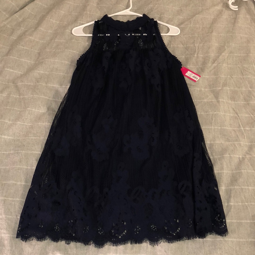Navy blue high necked floral lacy dress